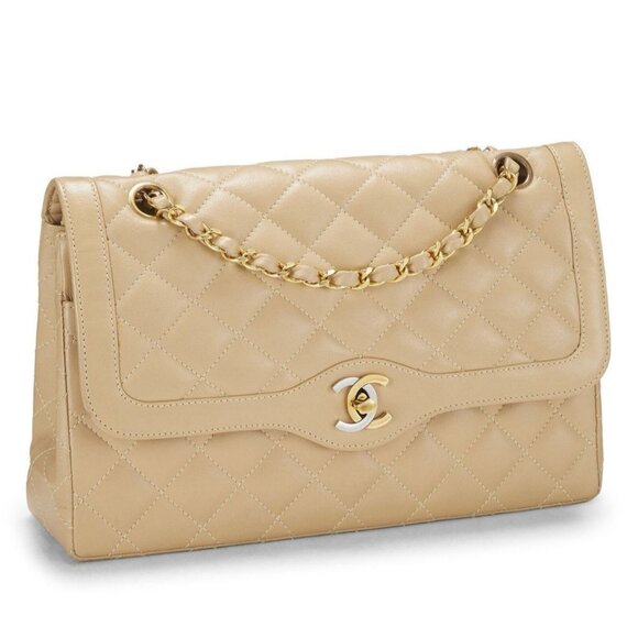 CHANEL CC Paris Limited Double Flap Bag Lambskin Matelasse Chain Beige - Picture 2 of 8